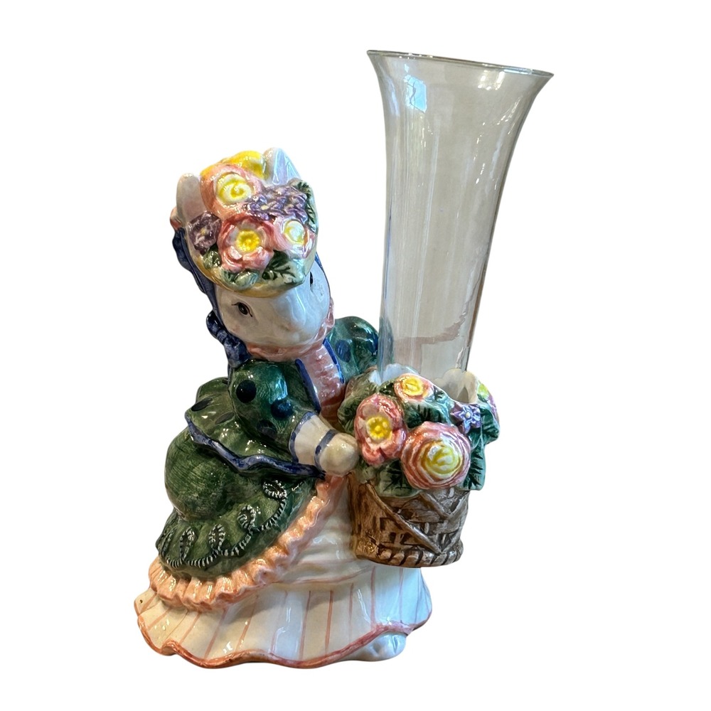 Fitz and Floyd Ceramic Bunny Girl Vase with Glass Insert 1995 Cottagecore